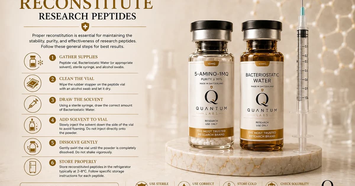 Research peptide vial beside an amber bacteriostatic water vial with an unbranded U-100 insulin syringe, editorial still life on paper-white | Quantum Labs Australia