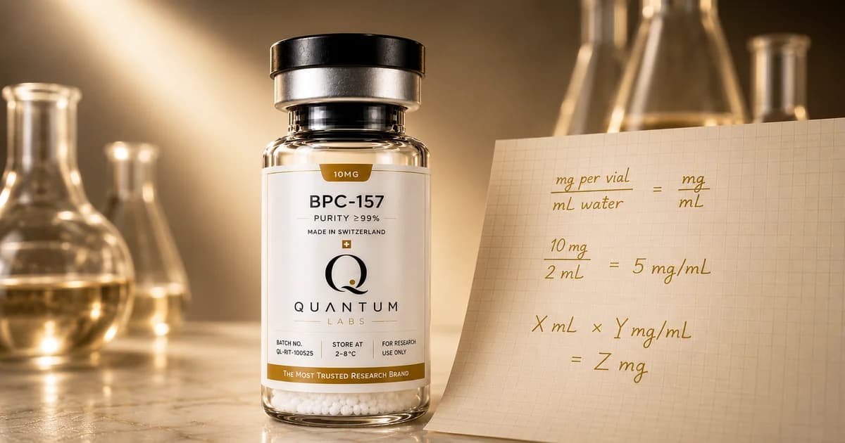 Research peptide vial beside a fragment of cream graph paper with abstract gold notation marks, editorial still life on paper-white | Quantum Labs Australia
