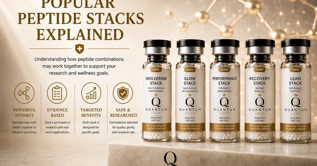 Five identical clear glass research peptide vials in a precise horizontal row on a paper-white surface, museum-specimen still life | Quantum Labs Australia