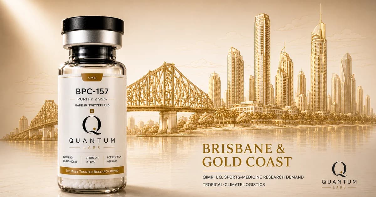 Clear glass research peptide vial in foreground with a fine gold linework drawing of the Brisbane Story Bridge and Gold Coast skyline in the background, paper-white surface | Quantum Labs Australia