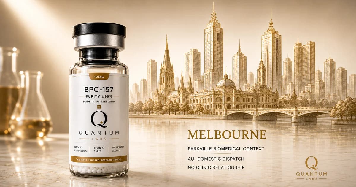 Clear glass research peptide vial in foreground with a fine gold linework drawing of the Melbourne skyline in the background, paper-white surface | Quantum Labs Australia