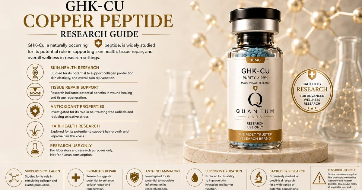 Clear glass research vial holding pale duck-egg-blue GHK-Cu copper peptide powder photographed editorially on paper-white | Quantum Labs Australia