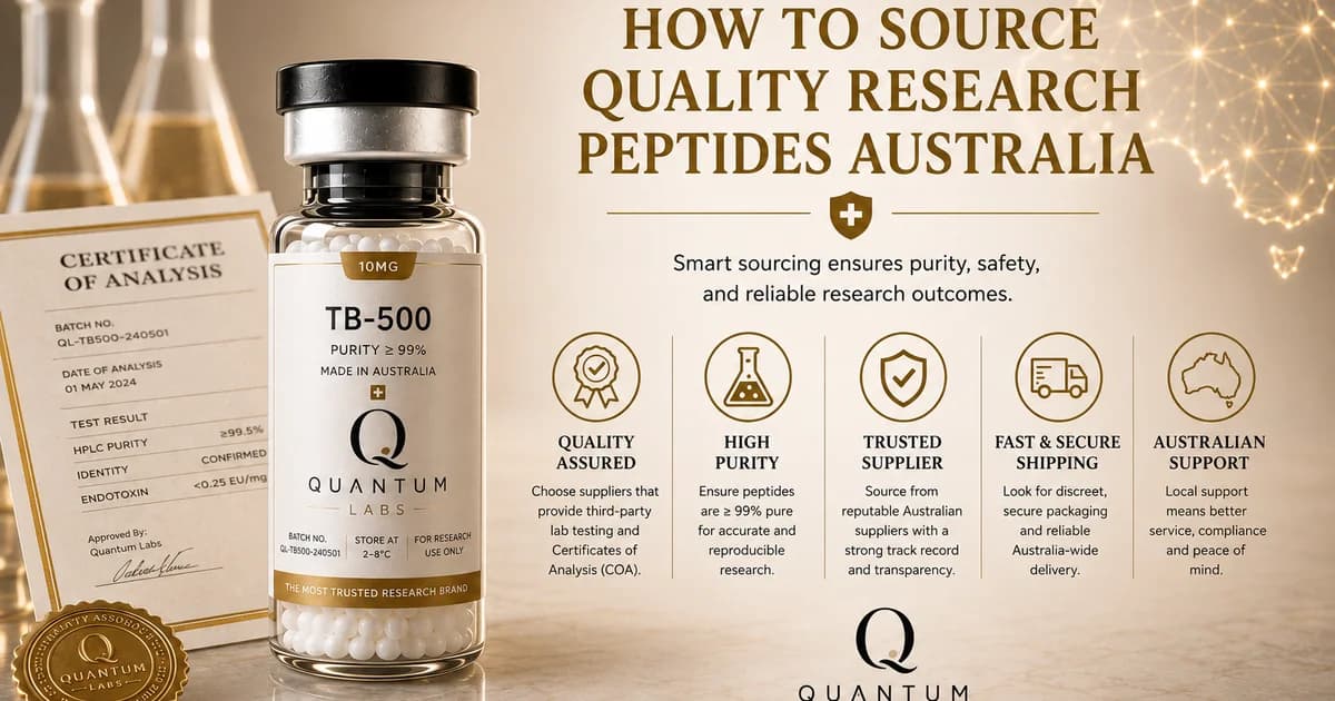 Research peptide vial sitting on a folded Certificate of Analysis document with a hairline gold rule, editorial still life on paper-white | Quantum Labs Australia
