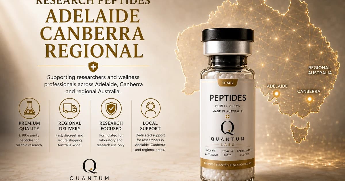Clear glass research peptide vial in foreground with a fine gold linework outline of Australia in the background, paper-white surface | Quantum Labs Australia