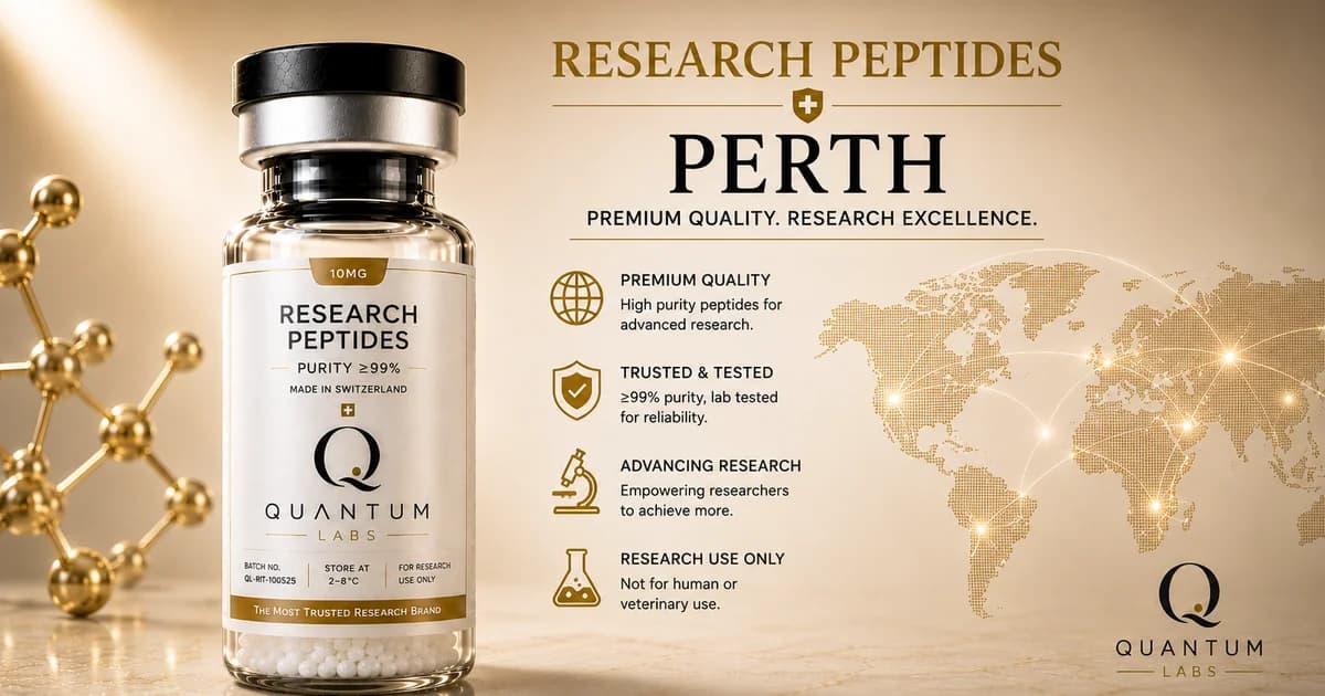 Clear glass research peptide vial in foreground with a fine gold linework drawing of the Perth Bell Tower and Swan River in the background, paper-white surface | Quantum Labs Australia