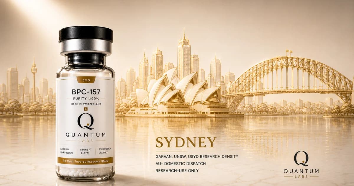 Clear glass research peptide vial in foreground with a fine gold linework drawing of the Sydney Opera House and Harbour Bridge in the background, paper-white surface | Quantum Labs Australia