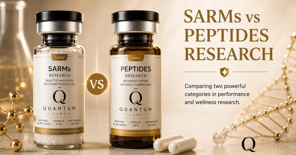 Two clear research vials side by side on paper-white surface — one with lyophilised peptide powder, one with an oral tablet — editorial comparison still life | Quantum Labs Australia