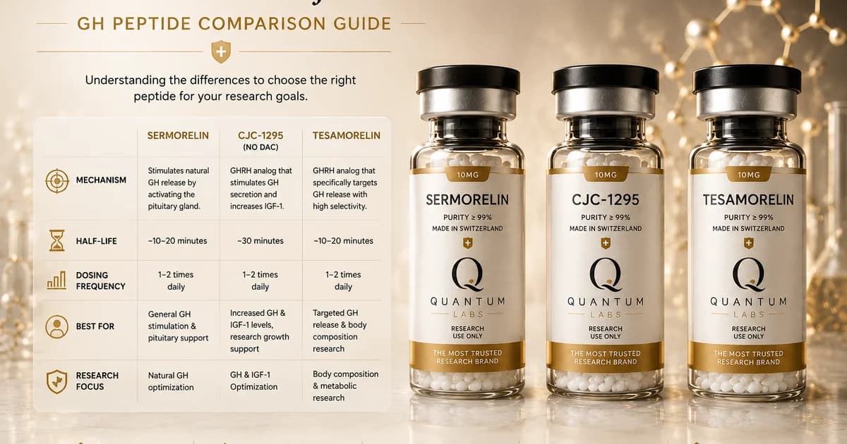 Three identical clear glass research peptide vials in a precise horizontal row on a paper-white surface, editorial comparison still life | Quantum Labs Australia