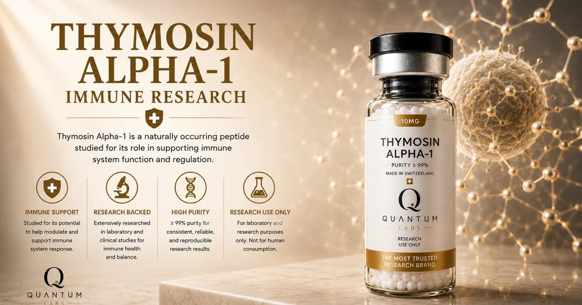 Close-up clear glass research peptide vial with a small gold hexagonal mesh detail on the label, editorial still life on paper-white | Quantum Labs Australia